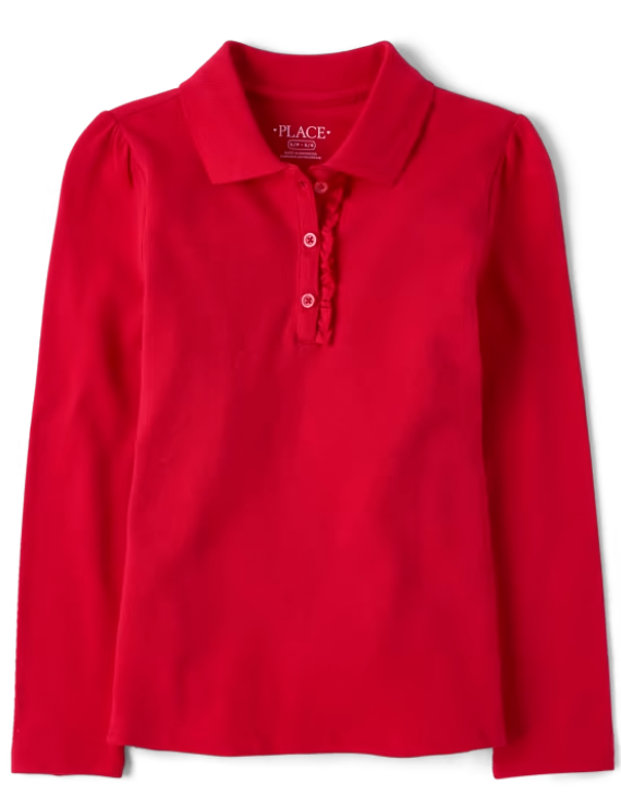 Girls Uniform Ruffle Pique Long Sleeve Polo